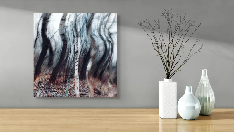Tablou Canvas, "Pădurea dansului de vânt toamna", Arbori, Vârtej, Toamnă, Pădure, Mișcare, Abstracție, Mister, Natură, Dans, Texturi, 50 x 50 cm – poza 3