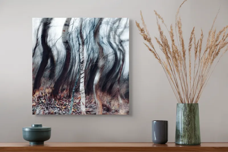 Tablou Canvas, "Pădurea dansului de vânt toamna", Arbori, Vârtej, Toamnă, Pădure, Mișcare, Abstracție, Mister, Natură, Dans, Texturi, 50 x 50 cm – poza 4