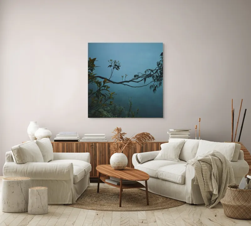 Tablou Canvas, "Misterul pădurii în ceață albastră", Frunziș, Ceață, Ramură, Natură, Liniște, Mister, Melancolie, Verdeață, 100 x 100 cm – poza 3
