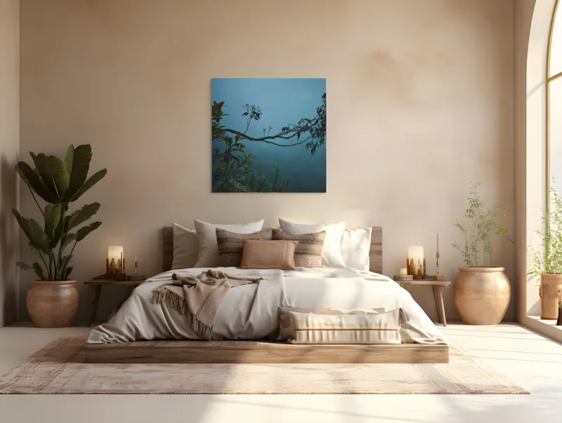 Tablou Canvas, "Misterul pădurii în ceață albastră", Frunziș, Ceață, Ramură, Natură, Liniște, Mister, Melancolie, Verdeață, 100 x 100 cm – poza 4