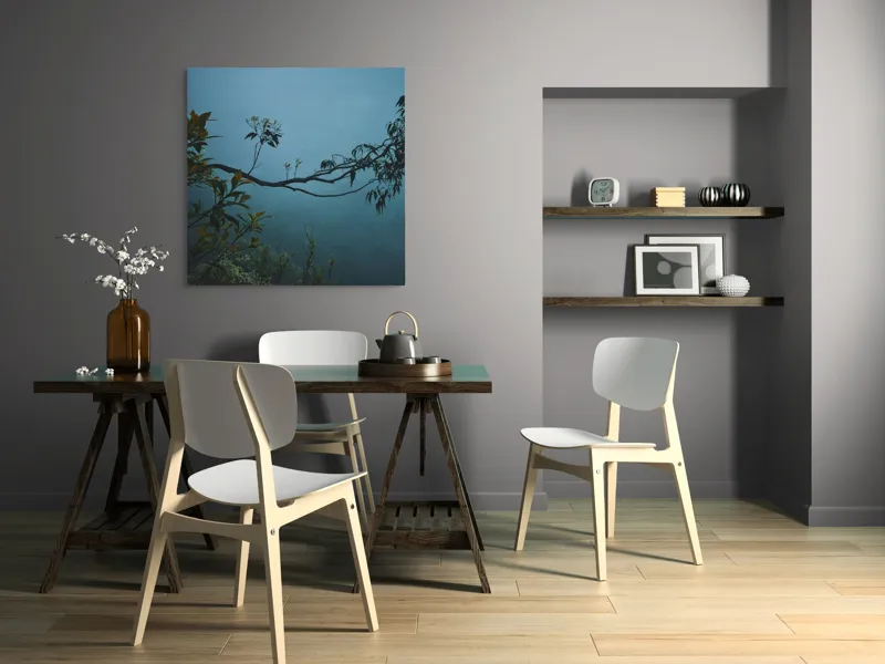 Tablou Canvas, "Misterul pădurii în ceață albastră", Frunziș, Ceață, Ramură, Natură, Liniște, Mister, Melancolie, Verdeață, 100 x 100 cm – poza 6