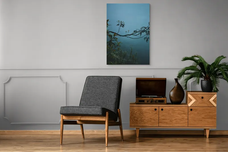 Tablou Canvas, "Misterul pădurii în ceață albastră", Frunziș, Ceață, Ramură, Natură, Liniște, Mister, Melancolie, Verdeață, 70 x 100 cm – poza 6