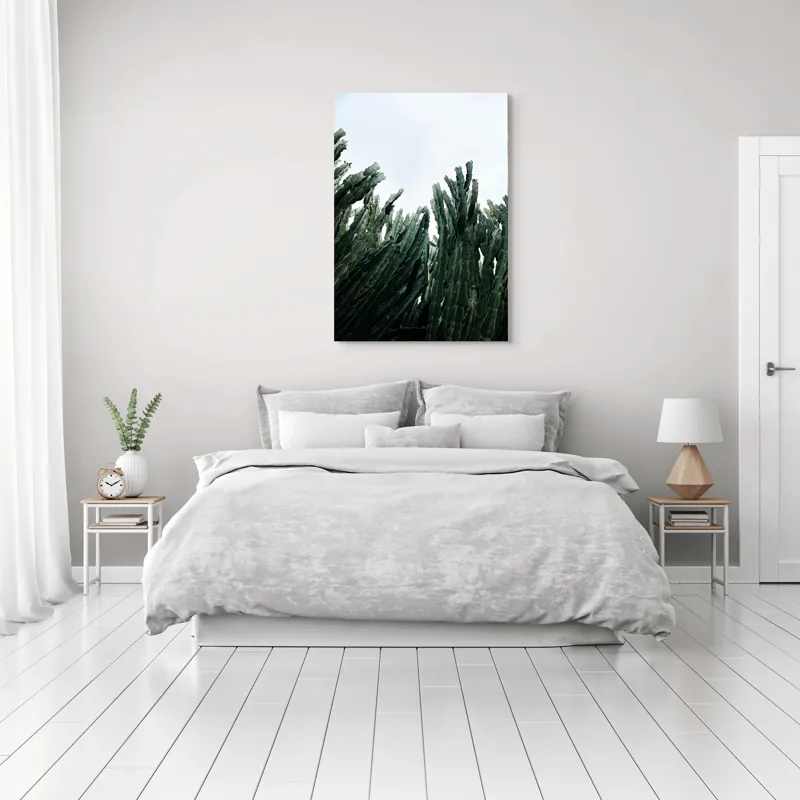 Tablou Canvas, "Cactuși sub cer înnorat", Cactusi, Cer, Verde, Texturi, Natura, Inaltimi, Frunze, Ascutit, 70 x 100 cm – poza 3