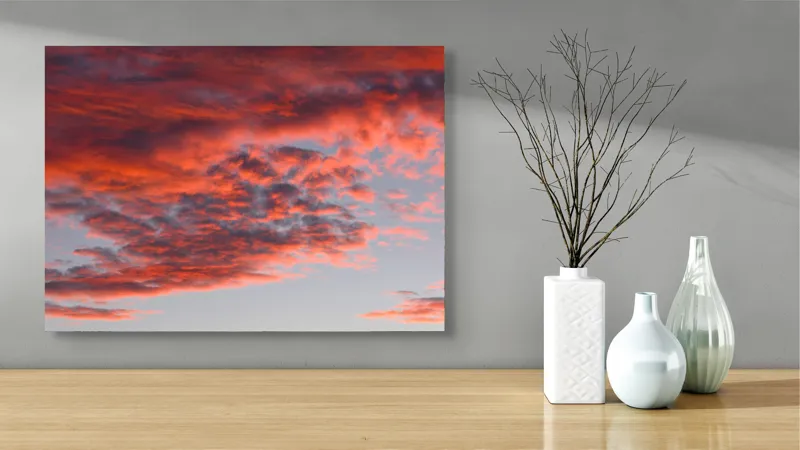 Tablou Canvas, "Răsărit de foc pe cer senin", Apus, Nori, Roz, Cer, Lumină, Spectacol, Frumusețe, 70 x 50 cm – poza 3
