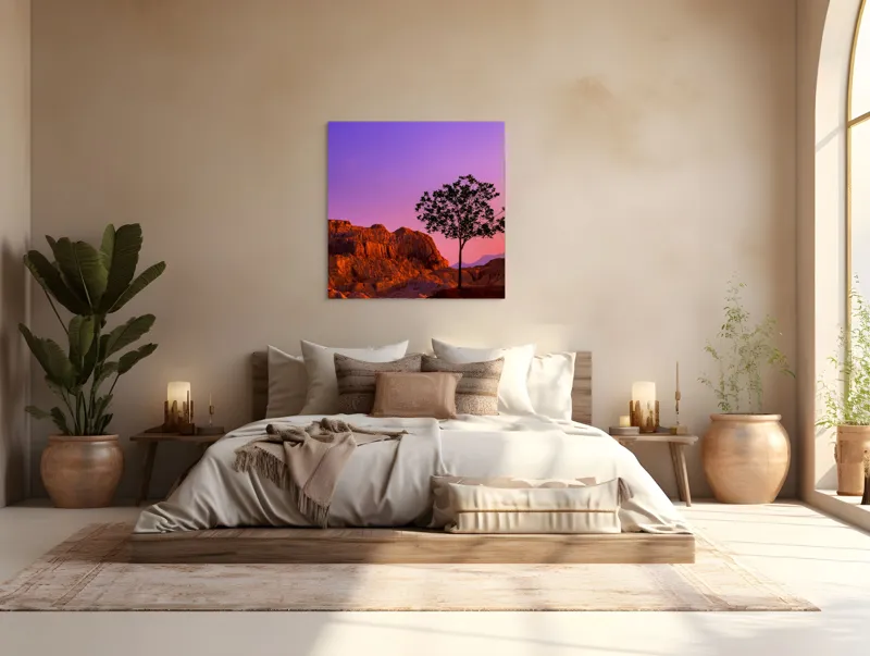 Tablou Canvas, "Singurătatea unui copac la apus", Tăcere, Solitudine, Amurg, Munți, Peisaj, Serenitate, Apus, Contrast, Siluetă, Liniște, 100 x 100 cm – poza 4