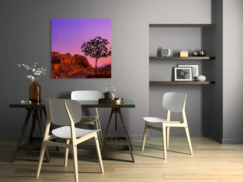 Tablou Canvas, "Singurătatea unui copac la apus", Tăcere, Solitudine, Amurg, Munți, Peisaj, Serenitate, Apus, Contrast, Siluetă, Liniște, 100 x 100 cm – poza 6