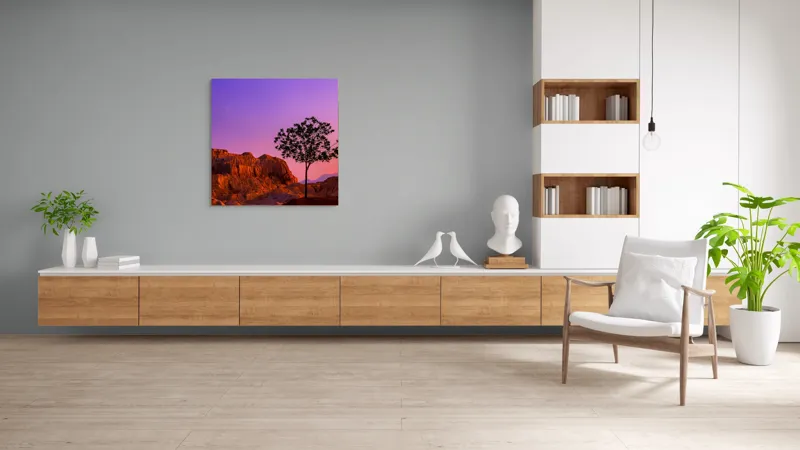 Tablou Canvas, "Singurătatea unui copac la apus", Tăcere, Solitudine, Amurg, Munți, Peisaj, Serenitate, Apus, Contrast, Siluetă, Liniște, 100 x 100 cm – poza 8