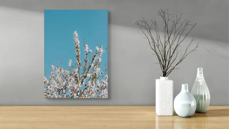 Tablou Canvas, "Flori de primăvară sub cer senin", Flori, Alb, Cer, Primăvară, Crengi, Natură, Frumusețe, 39 x 54 cm – poza 4