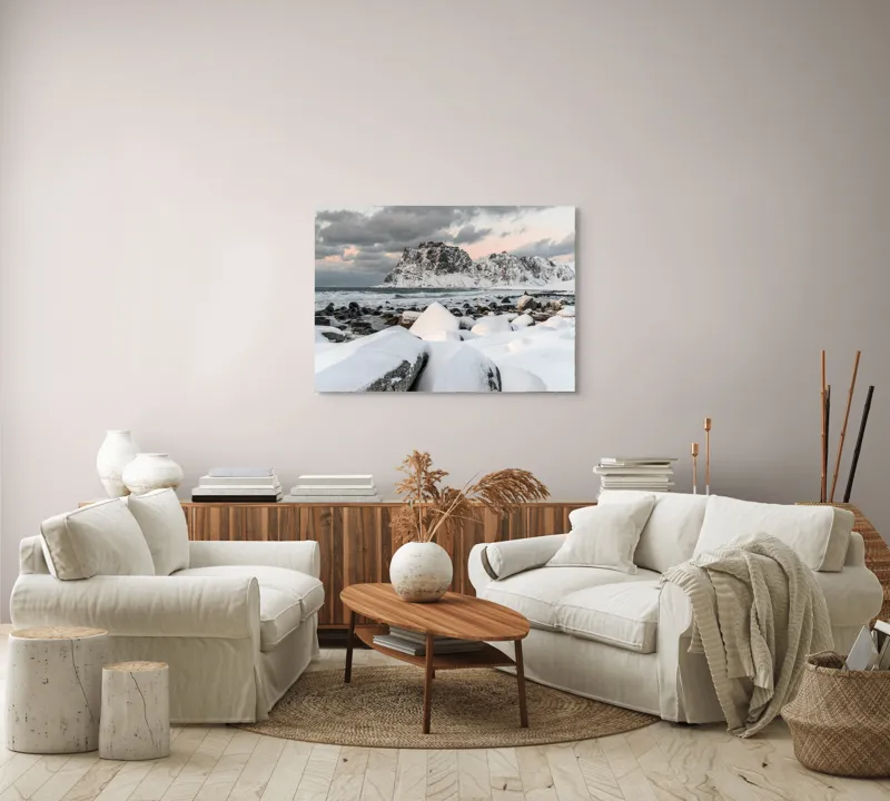 Tablou Canvas, "Vârful înghețat sub cer înnorat", Zăpadă, Rocă, Ocean, Nor, Munți, Apus, Natură, Frig, Liniște, Frumusețe, 100 x 70 cm – poza 3