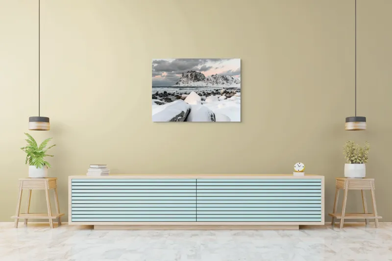 Tablou Canvas, "Vârful înghețat sub cer înnorat", Zăpadă, Rocă, Ocean, Nor, Munți, Apus, Natură, Frig, Liniște, Frumusețe, 100 x 70 cm – poza 4