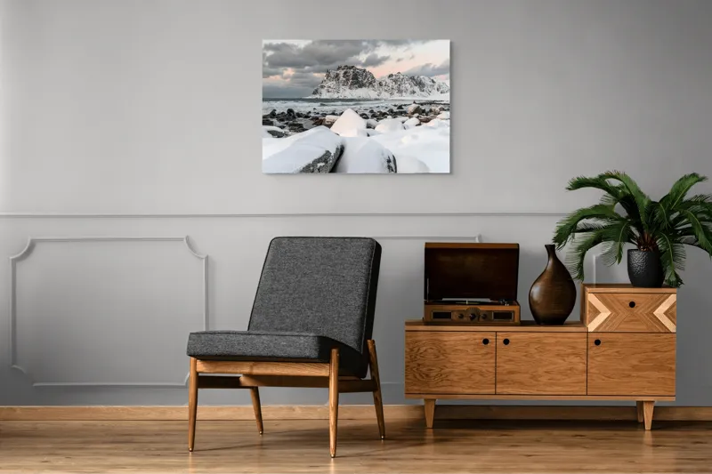 Tablou Canvas, "Vârful înghețat sub cer înnorat", Zăpadă, Rocă, Ocean, Nor, Munți, Apus, Natură, Frig, Liniște, Frumusețe, 100 x 70 cm – poza 8