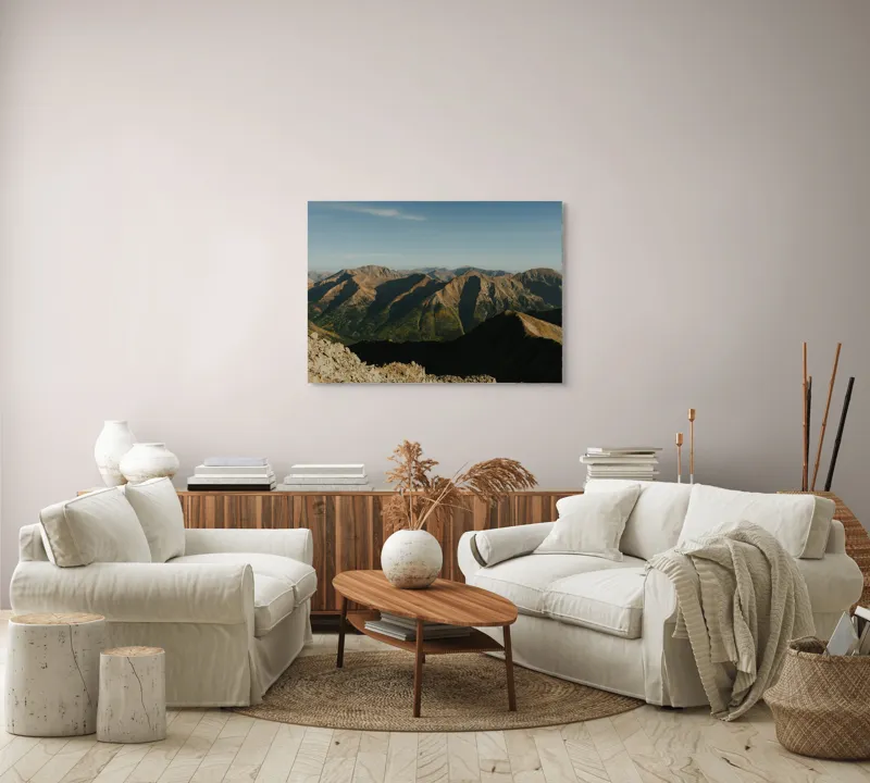 Tablou Canvas, "Umbrele dimineții peste munți înalți", Munți, Peisaj, Rocare, Umbre, Cer, Natură, Priveliște, Orizont, Vârfuri, Splendoare., 100 x 70 cm – poza 3