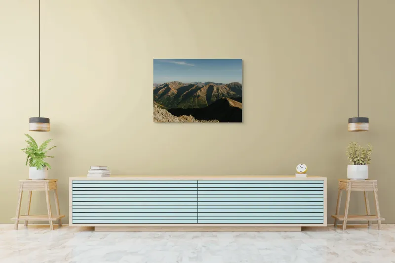 Tablou Canvas, "Umbrele dimineții peste munți înalți", Munți, Peisaj, Rocare, Umbre, Cer, Natură, Priveliște, Orizont, Vârfuri, Splendoare., 100 x 70 cm – poza 4