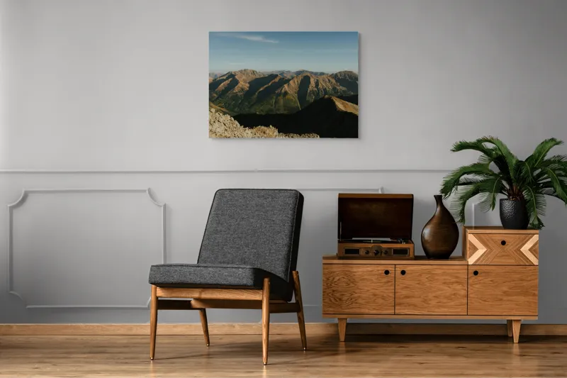 Tablou Canvas, "Umbrele dimineții peste munți înalți", Munți, Peisaj, Rocare, Umbre, Cer, Natură, Priveliște, Orizont, Vârfuri, Splendoare., 100 x 70 cm – poza 8