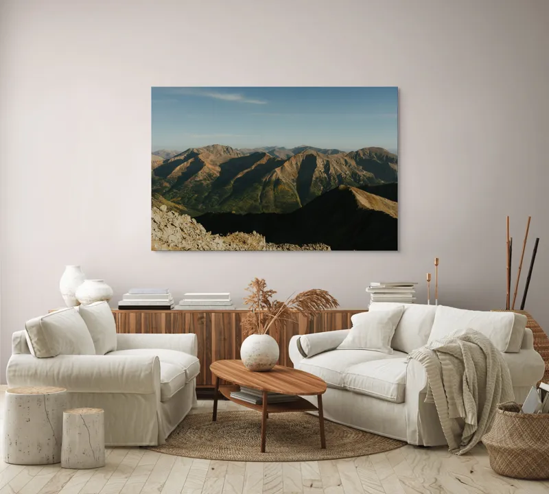 Tablou Canvas, "Umbrele dimineții peste munți înalți", Munți, Peisaj, Rocare, Umbre, Cer, Natură, Priveliște, Orizont, Vârfuri, Splendoare., 150 x 100 cm – poza 3