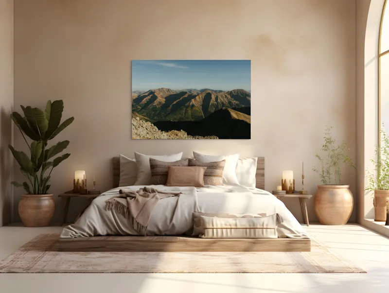 Tablou Canvas, "Umbrele dimineții peste munți înalți", Munți, Peisaj, Rocare, Umbre, Cer, Natură, Priveliște, Orizont, Vârfuri, Splendoare., 150 x 100 cm – poza 4