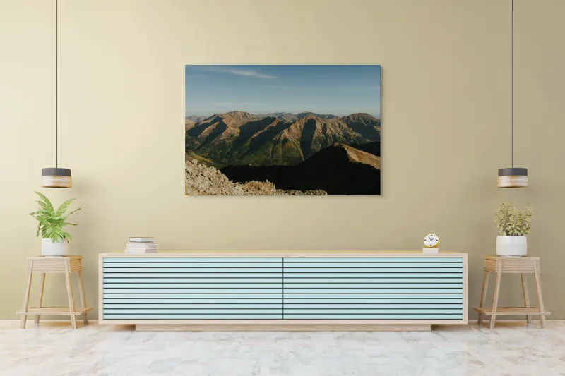 Tablou Canvas, "Umbrele dimineții peste munți înalți", Munți, Peisaj, Rocare, Umbre, Cer, Natură, Priveliște, Orizont, Vârfuri, Splendoare., 150 x 100 cm – poza 6