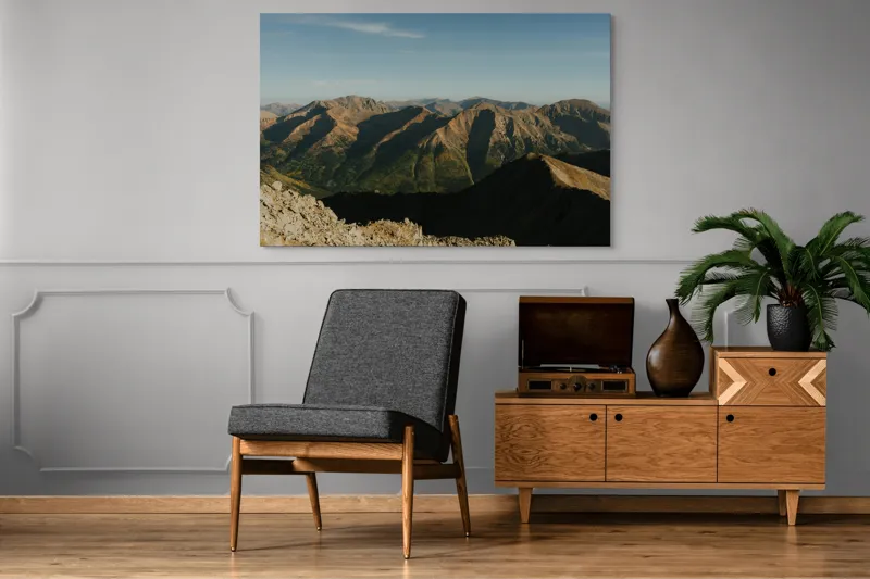 Tablou Canvas, "Umbrele dimineții peste munți înalți", Munți, Peisaj, Rocare, Umbre, Cer, Natură, Priveliște, Orizont, Vârfuri, Splendoare., 150 x 100 cm – poza 8