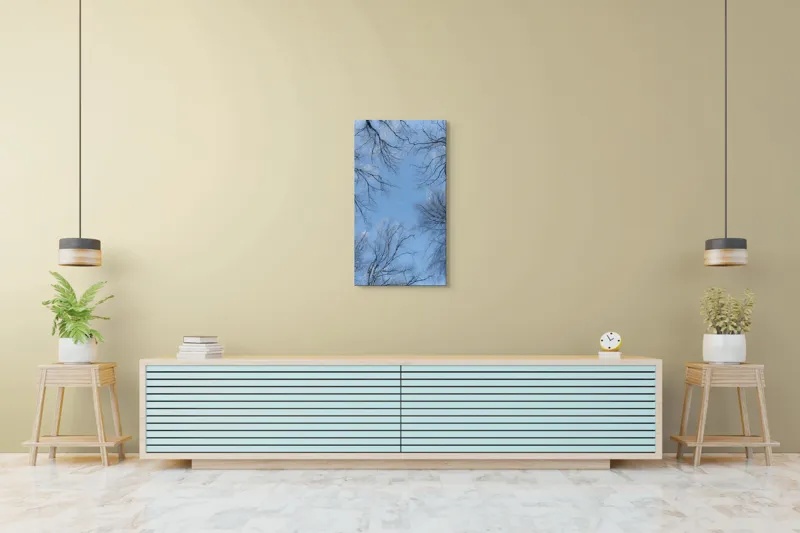 Tablou Canvas, "Cercei de gheață sub lună palidă", Cer, Ramuri, Copaci, Iarnă, Albastru, Lună, Natură, Calm, Frig, Frunziș., 50 x 90 cm – poza 6