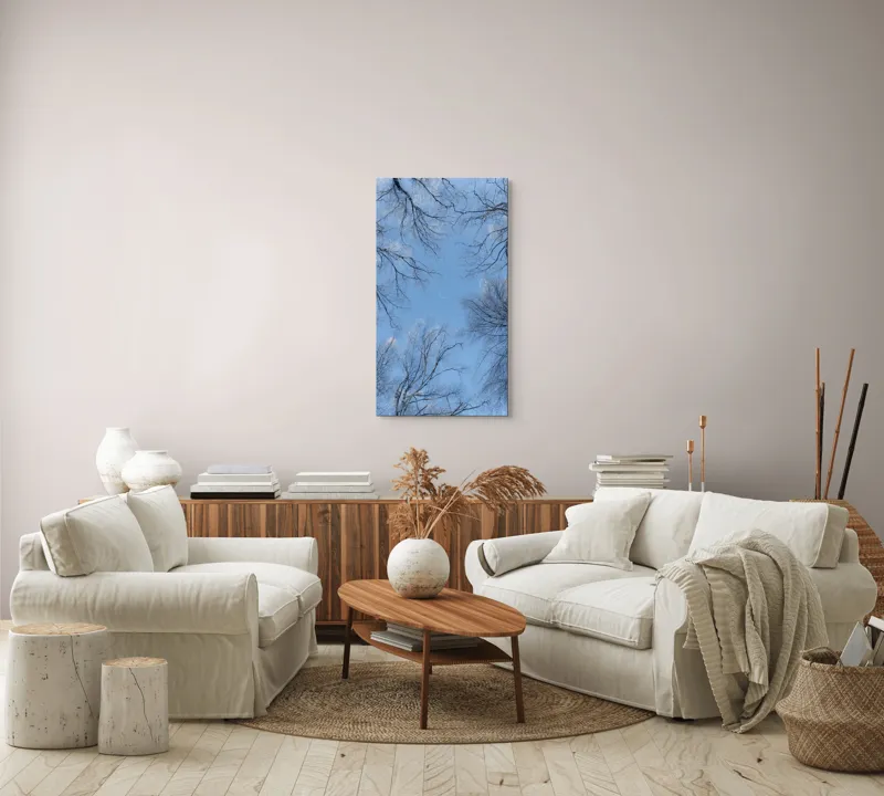 Tablou Canvas, "Cercei de gheață sub lună palidă", Cer, Ramuri, Copaci, Iarnă, Albastru, Lună, Natură, Calm, Frig, Frunziș., 50 x 90 cm – poza 7