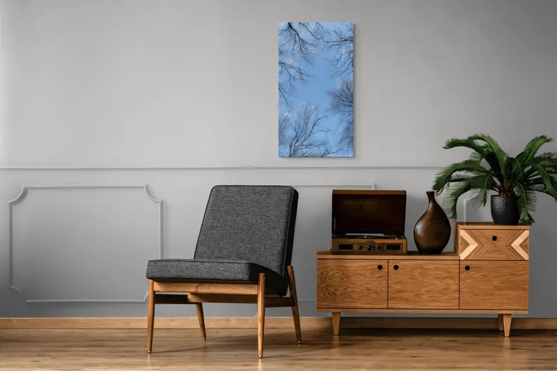 Tablou Canvas, "Cercei de gheață sub lună palidă", Cer, Ramuri, Copaci, Iarnă, Albastru, Lună, Natură, Calm, Frig, Frunziș., 50 x 90 cm – poza 8