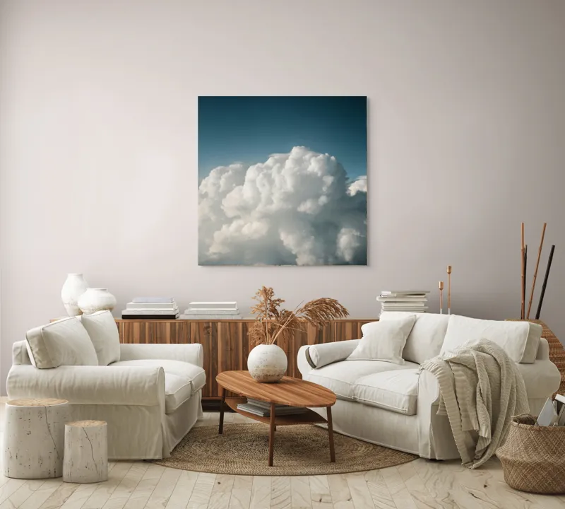 Tablou Canvas, "Dansul norilor spre cer senin", Nor, Cer, Albastru, Pufos, Lumină, Seninătate, Vise, Văzduh, 100 x 100 cm – poza 3