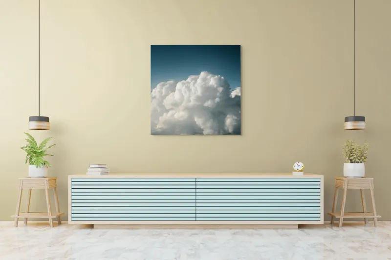 Tablou Canvas, "Dansul norilor spre cer senin", Nor, Cer, Albastru, Pufos, Lumină, Seninătate, Vise, Văzduh, 100 x 100 cm – poza 5