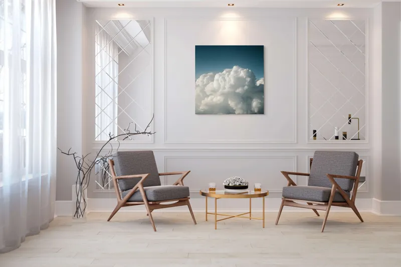 Tablou Canvas, "Dansul norilor spre cer senin", Nor, Cer, Albastru, Pufos, Lumină, Seninătate, Vise, Văzduh, 100 x 100 cm – poza 7