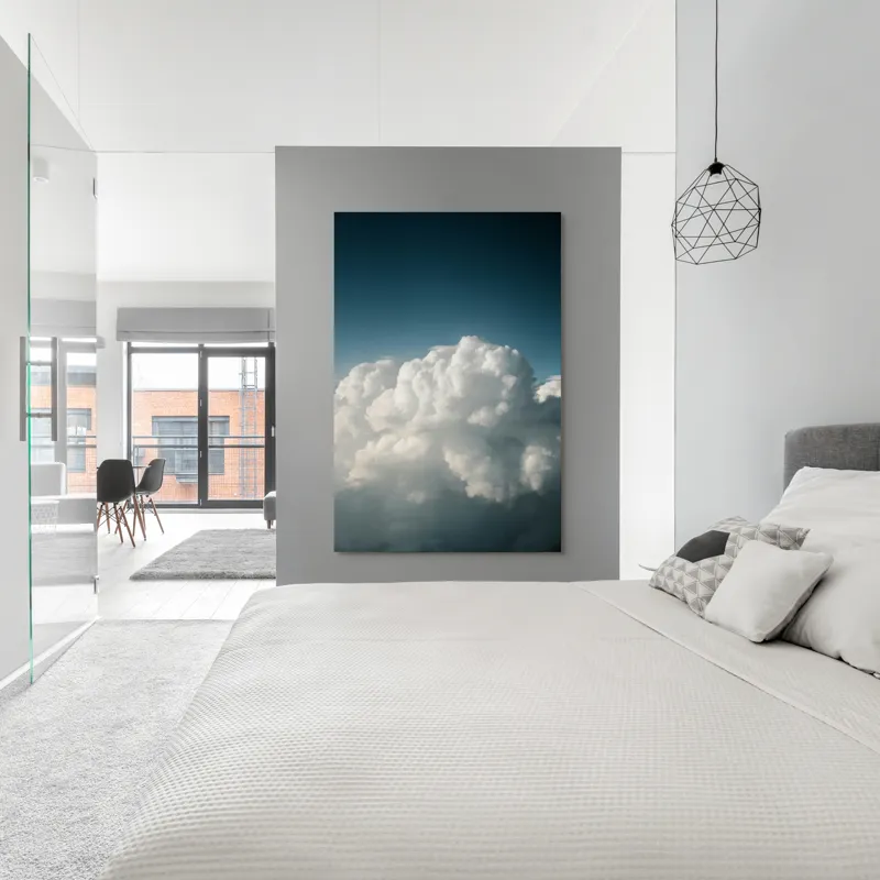 Tablou Canvas, "Dansul norilor spre cer senin", Nor, Cer, Albastru, Pufos, Lumină, Seninătate, Vise, Văzduh, 100 x 150 cm – poza 5