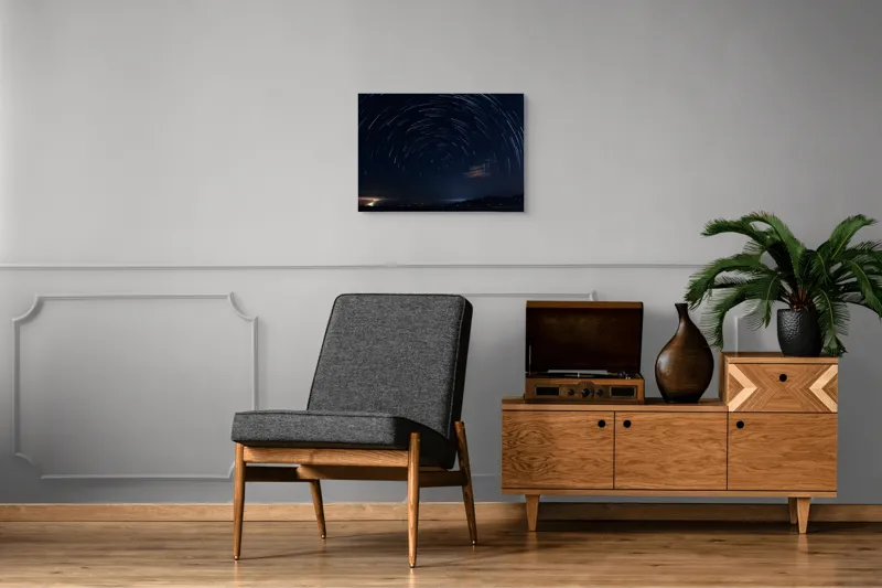 Tablou Canvas, "Ciclul etern al stelelor", Stele, Vârtej, Cer, Noapte, Lumină, Orizont, Peisaj, Mister, Natură, 70 x 50 cm – poza 4
