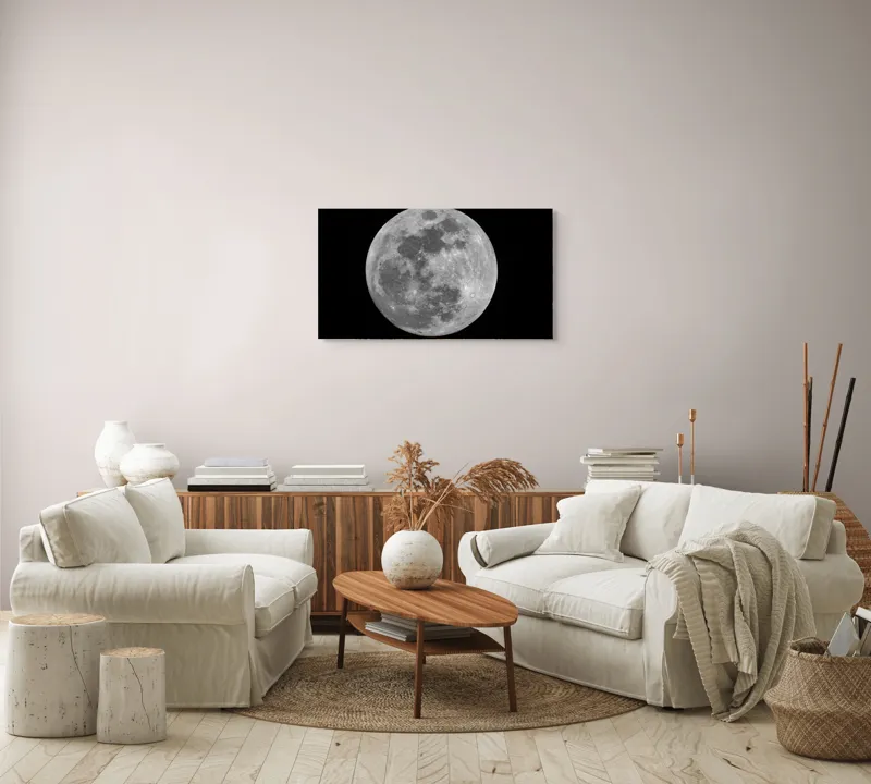 Tablou Canvas, "Luna plină strălucind în noapte", Mister, Luminozitate, Cratere, Sfericitate, Tăcere, Noapte, Spațiu, Liniște, 90 x 50 cm – poza 4