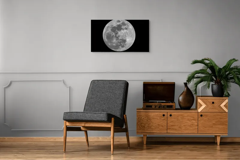 Tablou Canvas, "Luna plină strălucind în noapte", Mister, Luminozitate, Cratere, Sfericitate, Tăcere, Noapte, Spațiu, Liniște, 90 x 50 cm – poza 6