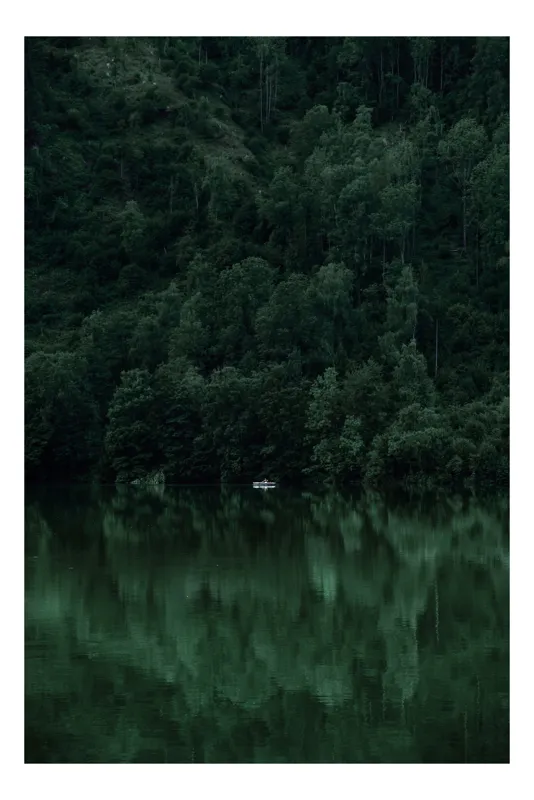 Tablou Canvas, "Lacul și pădurea în reflecție liniștită", Reflecție, Liniște, Natură, Verde, Singurătate, Mister, Apă, Pădure, Izolare, Calm, 50 x 70 cm