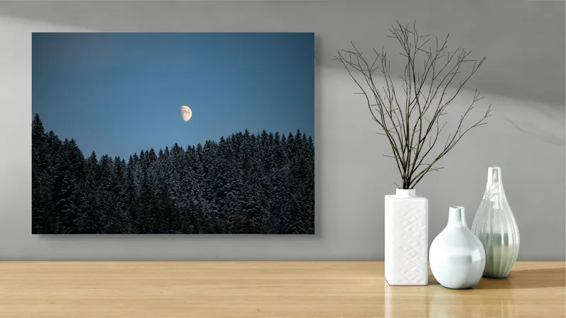 Tablou Canvas, "Luna deasupra pădurii ninse", Lună, Cer, Brazi, Noapte, Lumină, Mister, Natură, 70 x 50 cm – poza 3