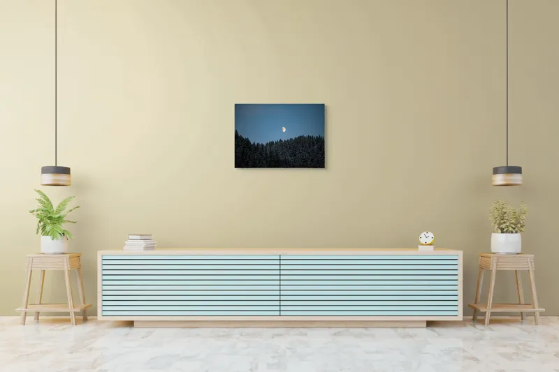 Tablou Canvas, "Luna deasupra pădurii ninse", Lună, Cer, Brazi, Noapte, Lumină, Mister, Natură, 70 x 50 cm – poza 7