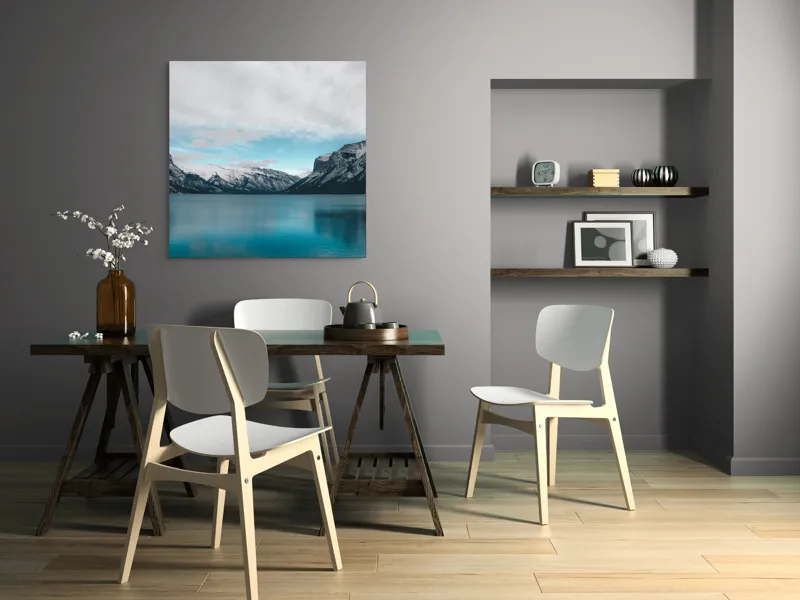 Tablou Canvas, "Muntele și lacul albastru polar", Lac, Munți, Zăpadă, Cer, Norii, Reflecție, Peisaj, Calm, Natură, Grandios, 100 x 100 cm – poza 6