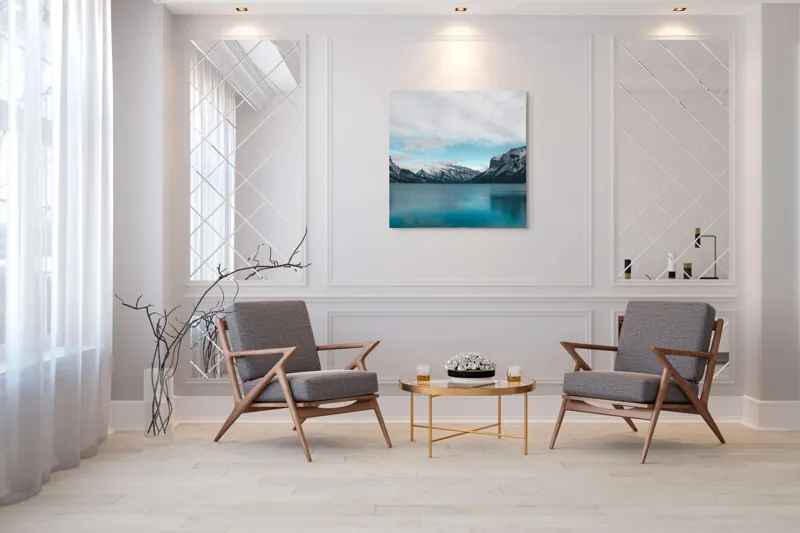 Tablou Canvas, "Muntele și lacul albastru polar", Lac, Munți, Zăpadă, Cer, Norii, Reflecție, Peisaj, Calm, Natură, Grandios, 100 x 100 cm – poza 7