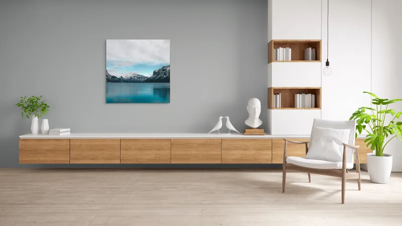 Tablou Canvas, "Muntele și lacul albastru polar", Lac, Munți, Zăpadă, Cer, Norii, Reflecție, Peisaj, Calm, Natură, Grandios, 100 x 100 cm – poza 8