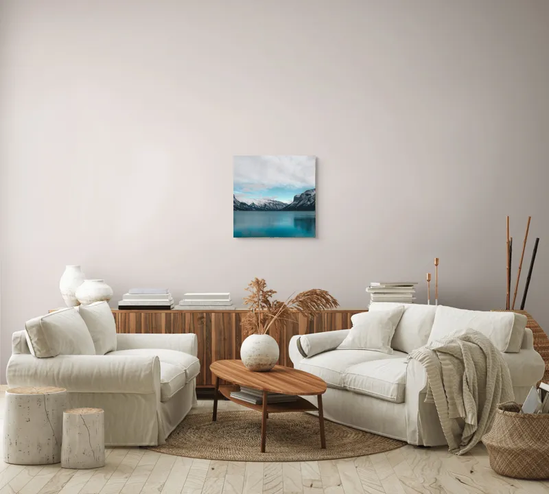 Tablou Canvas, "Muntele și lacul albastru polar", Lac, Munți, Zăpadă, Cer, Norii, Reflecție, Peisaj, Calm, Natură, Grandios, 50 x 50 cm – poza 7