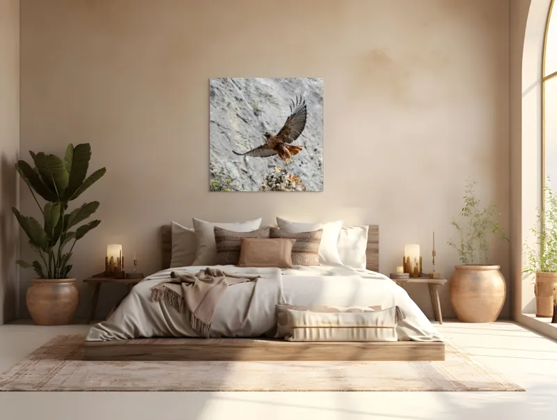 Tablou Canvas, "Uriașul zbor al șoimului liber", Șoim, Stâncă, Aripi, Natură, Cer, Pene, Vânătoare, Agilitate, Zbor, Vultur, 100 x 100 cm – poza 4
