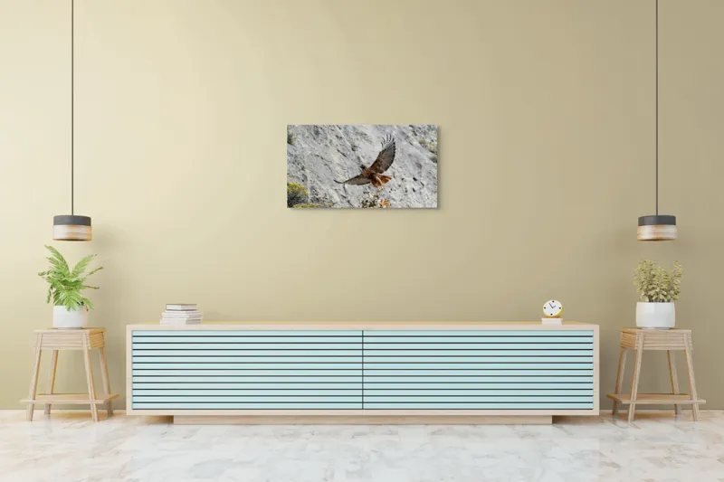 Tablou Canvas, "Uriașul zbor al șoimului liber", Șoim, Stâncă, Aripi, Natură, Cer, Pene, Vânătoare, Agilitate, Zbor, Vultur, 90 x 50 cm – poza 5
