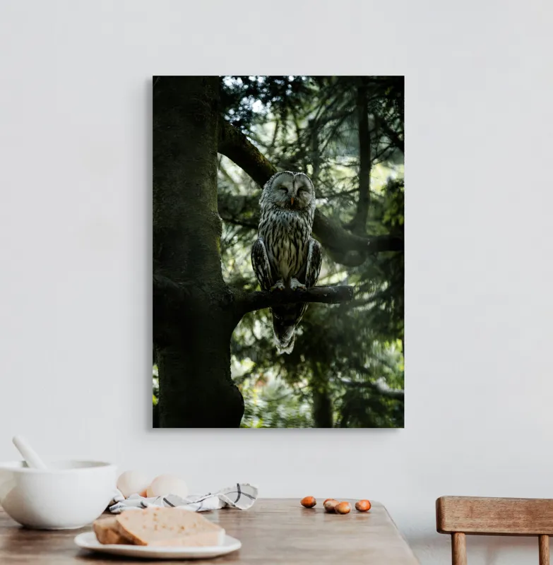 Tablou Canvas, "Bufnița în liniștea pădurii verzi", Bufniță, Copac, Lumină, Frunziș, Noapte, Natură, Serenitate, Pădure, Umbre, Mister., 50 x 70 cm – poza 3