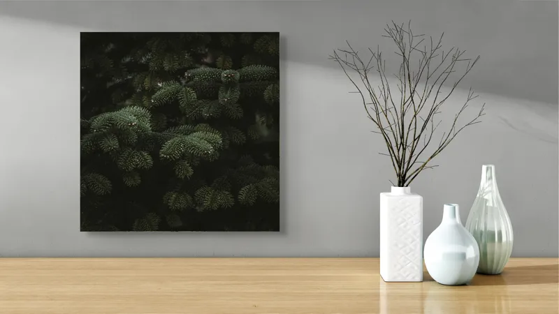 Tablou Canvas, "Atingerea luminii pe crengi verzi", Conifere, Verde, Întunecat, Textură, Frunziș, Aghiazmă, 50 x 50 cm – poza 3
