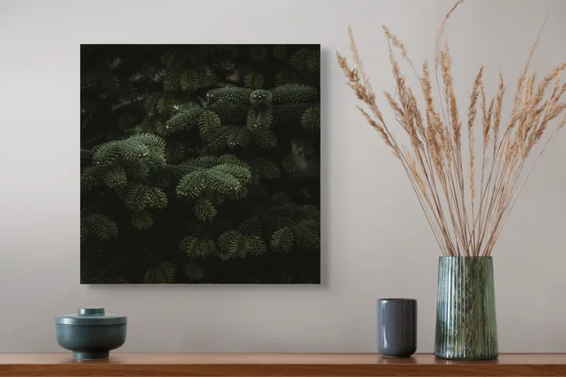 Tablou Canvas, "Atingerea luminii pe crengi verzi", Conifere, Verde, Întunecat, Textură, Frunziș, Aghiazmă, 50 x 50 cm – poza 4