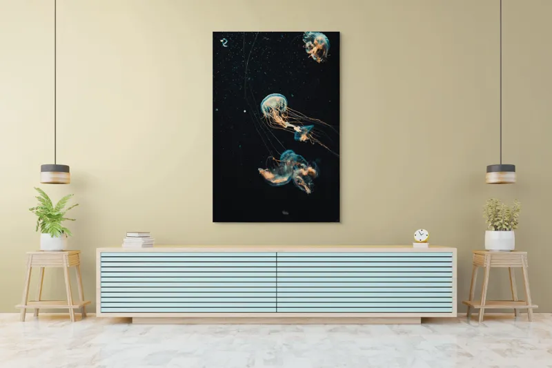 Tablou Canvas, "Dansul grațios al meduzelor marine", Meduze, Atingeri, Bioluminiscență, Abis, Grație, Curent, Ocean, Eteric, Drifting, Misterios, 100 x 150 cm – poza 4