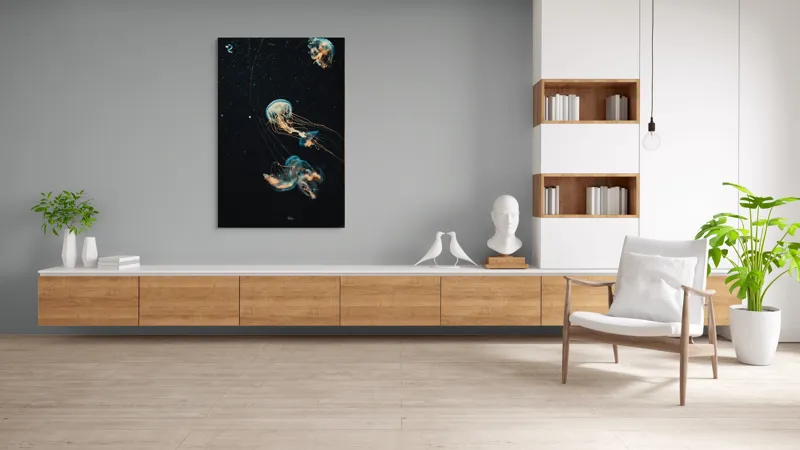 Tablou Canvas, "Dansul grațios al meduzelor marine", Meduze, Atingeri, Bioluminiscență, Abis, Grație, Curent, Ocean, Eteric, Drifting, Misterios, 100 x 150 cm – poza 8