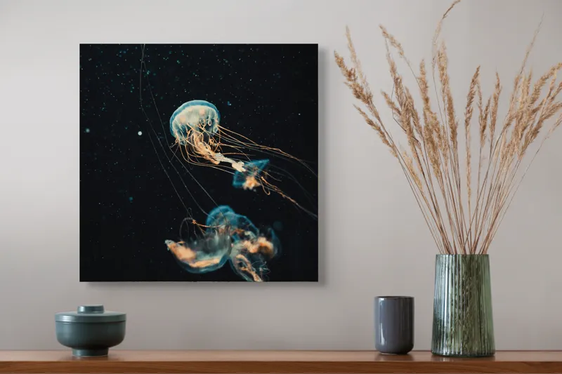 Tablou Canvas, "Dansul grațios al meduzelor marine", Meduze, Atingeri, Bioluminiscență, Abis, Grație, Curent, Ocean, Eteric, Drifting, Misterios, 50 x 50 cm – poza 4