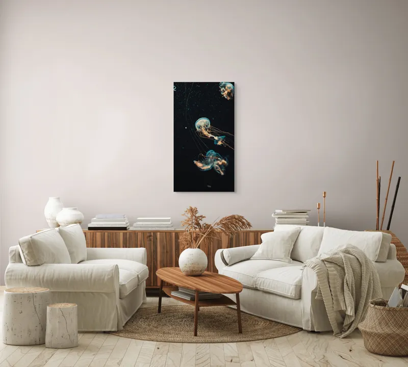 Tablou Canvas, "Dansul grațios al meduzelor marine", Meduze, Atingeri, Bioluminiscență, Abis, Grație, Curent, Ocean, Eteric, Drifting, Misterios, 50 x 90 cm – poza 7