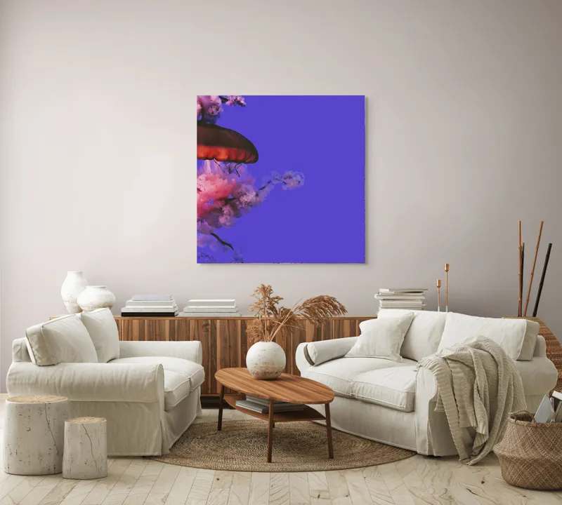 Tablou Canvas, "Meduza plutind printre nori efemeri", Meduză, Nori, Mov, Roz, Flotare, Mister, Apă, Lumină, 100 x 100 cm – poza 3