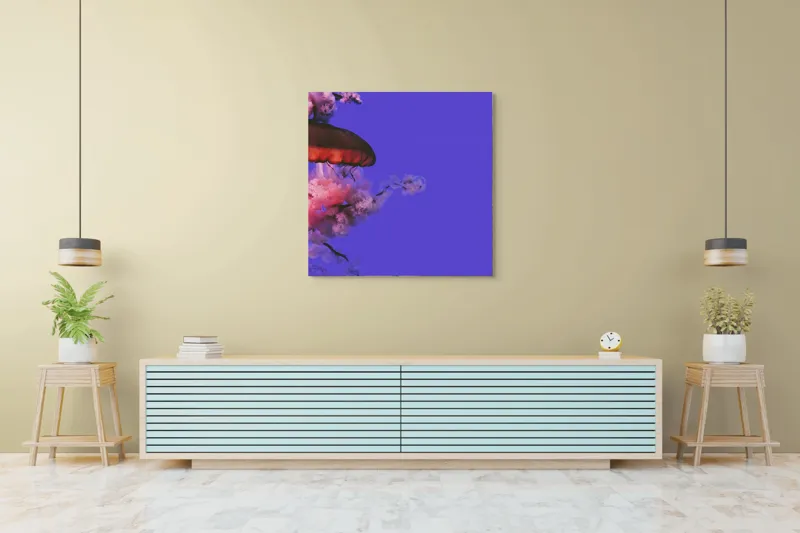Tablou Canvas, "Meduza plutind printre nori efemeri", Meduză, Nori, Mov, Roz, Flotare, Mister, Apă, Lumină, 100 x 100 cm – poza 5